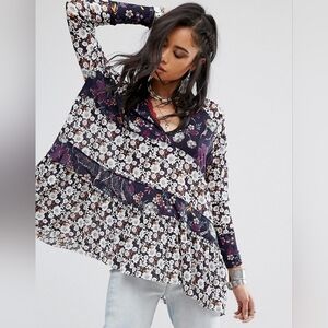 Free People Isabelle Purple Floral Striped Oversize Tunic Women's Size Small S